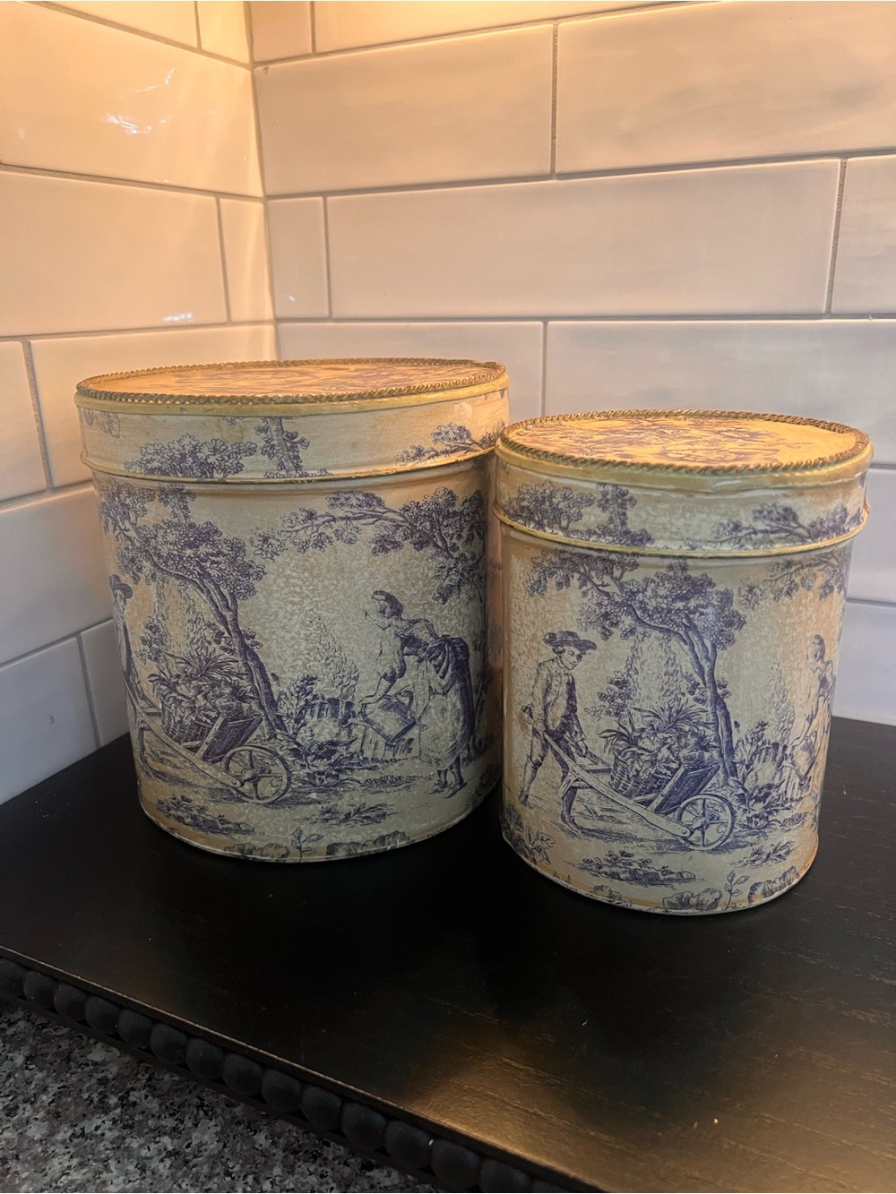 Decorative Toile Canister Set in Cream and Blue - Vintage